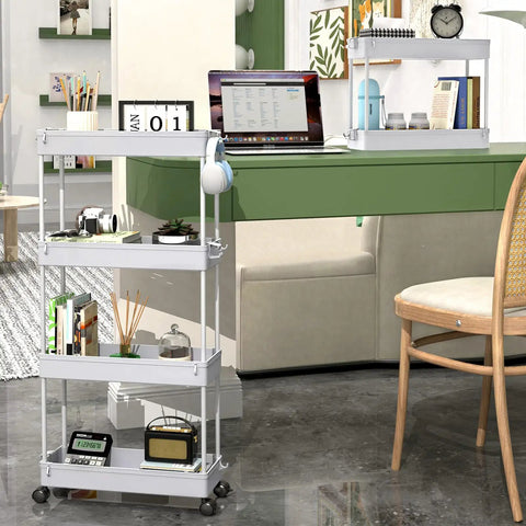 Slim 4 Tier Rolling Storage Cart On Wheels For Tight Spaces in use next to desk, holding office supplies, gray color