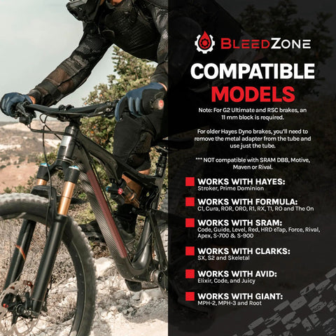 Mountain biker using Complete Hydraulic Disc Brake Bleed Kit With 250ml DOT 5.1 Mineral Oil, Dual Luer Syringes, M5 Hoses.