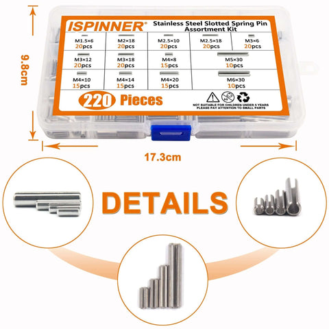 220pcs Roll Pin Set, Stainless Steel Slotted Spring Pin Assortment Kit M1.5 M6 in case with assorted pin sizes