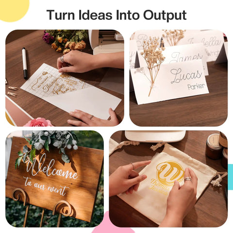 S501 Vinyl Cutter Machine Portable Plotter used for creating custom cards, wooden signs, and personalized pouches for crafts and events