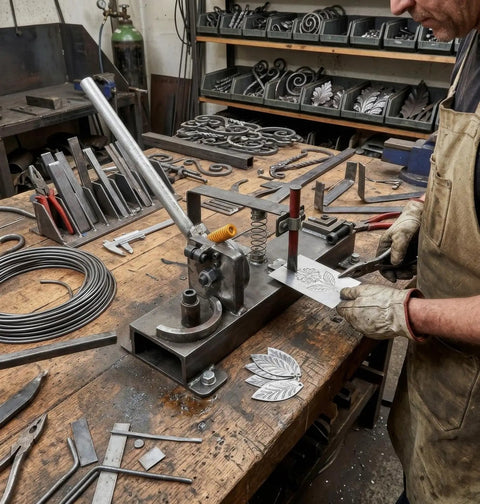 All In One Metalworking Tool For Sheet Metal Bending, Cutting, And Embossing With A Handy Manual Ironworker, shop ironworker in use on steel sheet