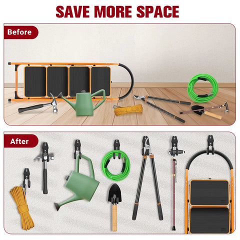 Before and after using Six Pack Garage Storage Hooks Heavy Duty Wall Mount Organizer showing organized tools on wall and floor.