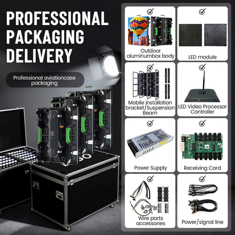 Professional aviation case packaging for Heavy Duty Rental Led Videowall Panel P481 Ip65 Weatherproof Grade components and accessories.
