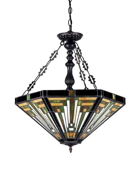 Innes Tiffany Style Mission 3 Light Inverted Ceiling Pendant With Shade in Bronze Finish Hardwired Fixture 24.3 by 21.7 by 21.7 Inches