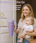 Mom holding a baby and a Reusable Breastmilk Storage Bottle With Insulated Cooler Keeps Baby Feed Fresh For 24 Hours Travel Ready.
