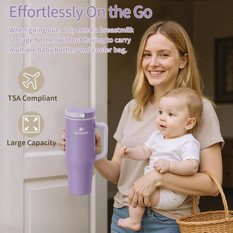 Mom holding a baby and a Reusable Breastmilk Storage Bottle With Insulated Cooler Keeps Baby Feed Fresh For 24 Hours Travel Ready.