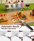 Stainless steel grill basket with detachable handle showcasing meats and veggies, part of Two Pack Nesting Grill Baskets With Removable Handles For Outdoor BBQ Grillin Barbecue Gear Stainless Steel Camping Accessories For Meat Fish Shrimp Veggies And More A Great Gift For Dad Husband Or Any Grill Master.