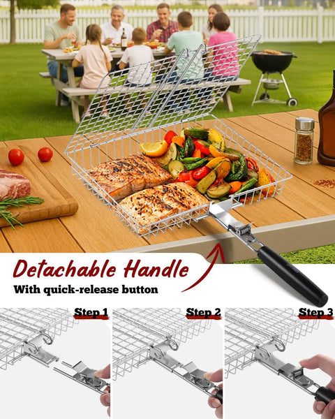 Stainless steel grill basket with detachable handle showcasing meats and veggies, part of Two Pack Nesting Grill Baskets With Removable Handles For Outdoor BBQ Grillin Barbecue Gear Stainless Steel Camping Accessories For Meat Fish Shrimp Veggies And More A Great Gift For Dad Husband Or Any Grill Master.