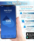 Hand holding smartphone displaying Sprite Showers app with filter tracking and instructions on a blue background.