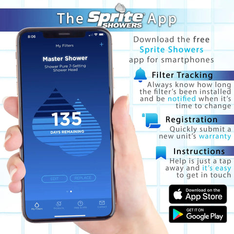 Hand holding smartphone displaying Sprite Showers app for filter tracking and registration with visible app features.