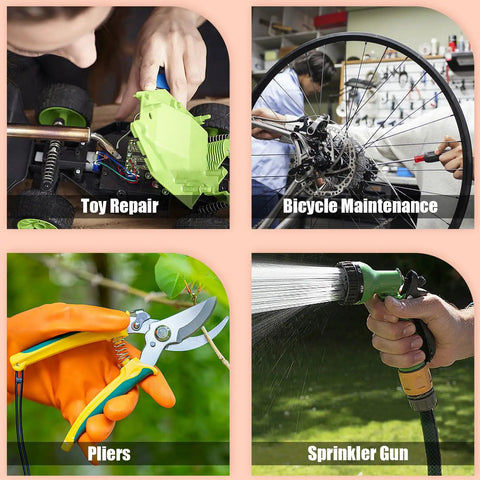 Scenes of DIY tasks using 150 Piece Extension Spring Kit in 15 Sizes Stainless Steel Small Springs for Home Repairs and DIY Projects