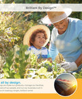 Grandparent and child gardening together under the sun, wearing straw hats. Smiling while tending to plants in vibrant garden setting.