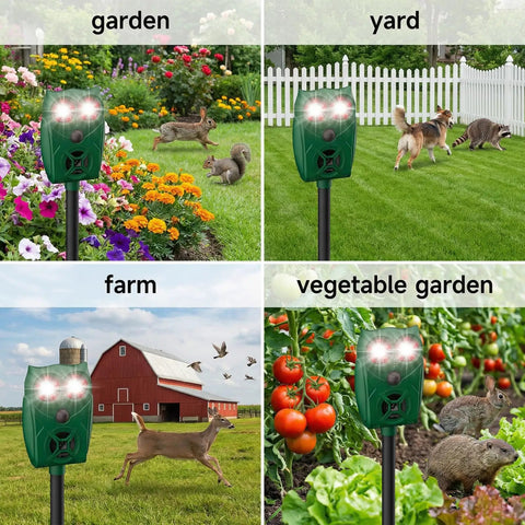 Solar Powered Ultrasonic Animal Repellent With Motion Sensor And LED Flashing Lights For Outdoor Yards Waterproof Device To Repel Deer Coyotes Raccoons And Cats in garden
