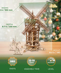 Tower Windmill 3D Puzzle Kit For Adults With Moving Parts Wooden Mechanical Model Building Kit DIY Craft Project For Fathers Day Mind Blown Wood Puzzle 585 Pieces, dimensions shown