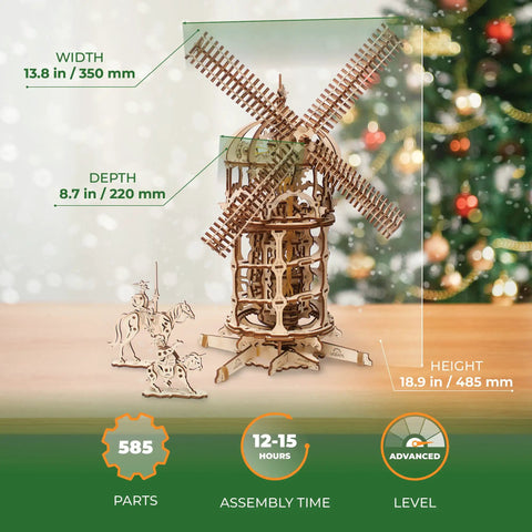 Tower Windmill 3D Puzzle Kit For Adults With Moving Parts Wooden Mechanical Model Building Kit DIY Craft Project For Fathers Day Mind Blown Wood Puzzle 585 Pieces, dimensions shown