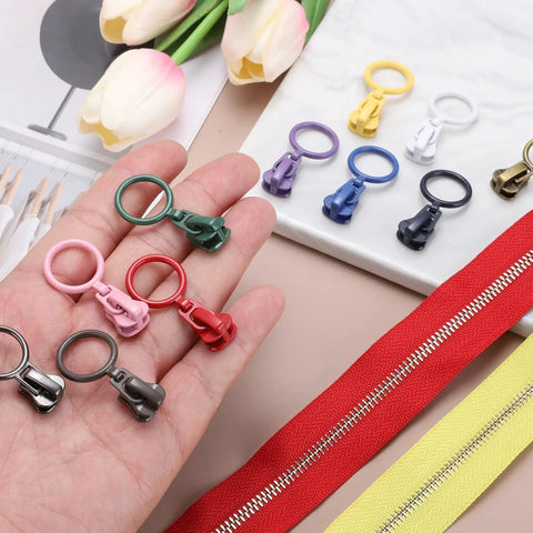 Various colored zipper sliders including green from 20 Pack Size 5 Zipper Sliders Metal Replacement With Pull Loop No Sewing Needed For Quick Fixes On Bags Wallets Jackets And Other Closed End Zippers In Green DIY Friendly.