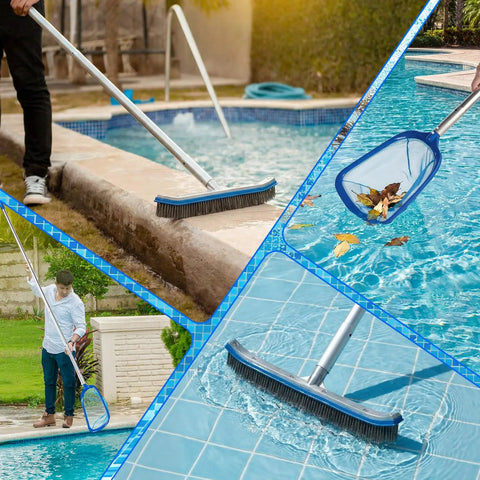 No Fuss Three Piece Pool Cleaning Kit With Skimmer Net, Extendable Aluminum Pole, And Stainless Steel Pool Brush for pool cleaning