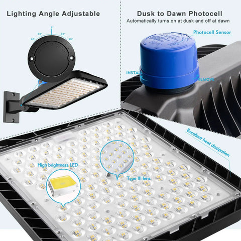 Ultra Bright LED Parking Lot Light Arm Mount 60000 Lm Shoebox Style 5000K Outdoor Pole Light with Smart Photocell