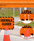 Heavy Duty Plastic Sidewalk Closed Signs Bulk 6 Pack on traffic cones showcasing fitting design for various sizes.