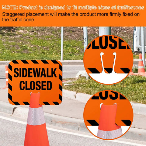 Heavy Duty Plastic Sidewalk Closed Signs Bulk 6 Pack on traffic cones showcasing fitting design for various sizes.
