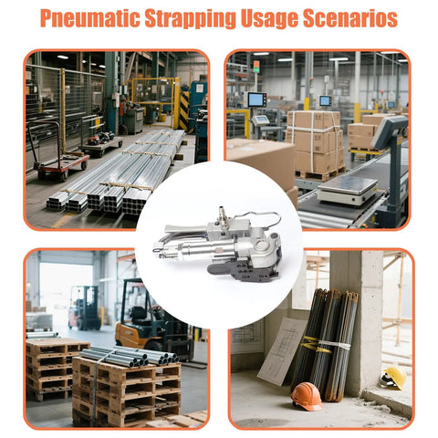 New Style Lightweight Aluminum Pneumatic Strapping Machine With One Button Hot Seal For Pp Pet Banding Up To 3500n Tension in warehouse setting.