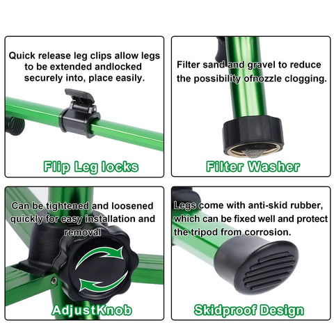 Beefy Impact Sprinkler Head On Tripod Base For Lawn Irrigation, features flip leg locks, filter washer, adjust knob, skidproof design.