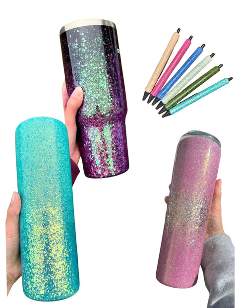 Glitter-coated tumblers showcasing Grande Finale Tumbler Coat Gloss Finish For 12oz Tumblers, Quick 2 Hour Dry Time, Non Toxic And Non Yellowing Indoor Safe Sealant, Easy Prep For Plastic Ceramic Glass, Durable Slick Shine Without Hazing, held against a white background with decorative pens.