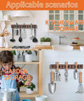 Rustic Wood Wall Mount Broom Mop Holder Organizer with 3 Racks and 4 Hooks for kitchen and garden tool storage.