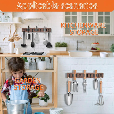Rustic Wood Wall Mount Broom Mop Holder Organizer with 3 Racks and 4 Hooks for kitchen and garden tool storage.