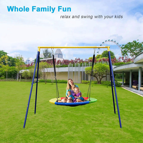 Family enjoying Heavy Duty 71 Inch Swing A Frame Stand For Backyard Fun, 440 Lb Weight Capacity, all weather rust resistant steel frame