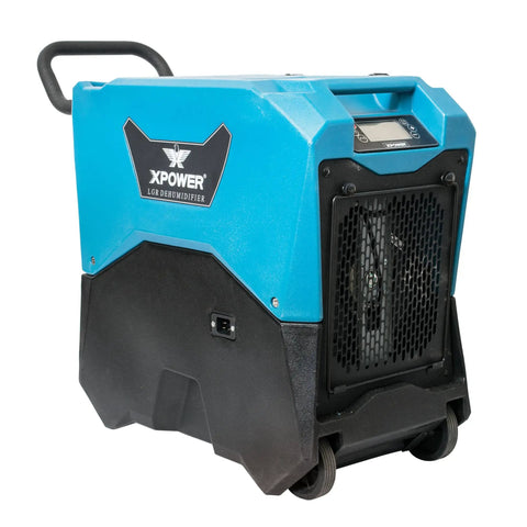 Badass Medium Air Mover And Pro Carpet Dryer Featuring Built In Timer With Outlet Sockets For Rapid Flood Cleanup And Crawl Space Moisture Removal Real Deal Utility Floor Blower, blue and black portable dehumidifier with wheels.
