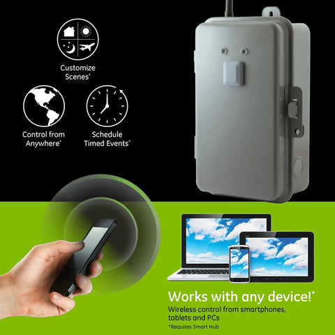 Z Wave Plus 40 Amp Indoor Outdoor Smart Switch with Metal Enclosure shown with smartphone and computer control options