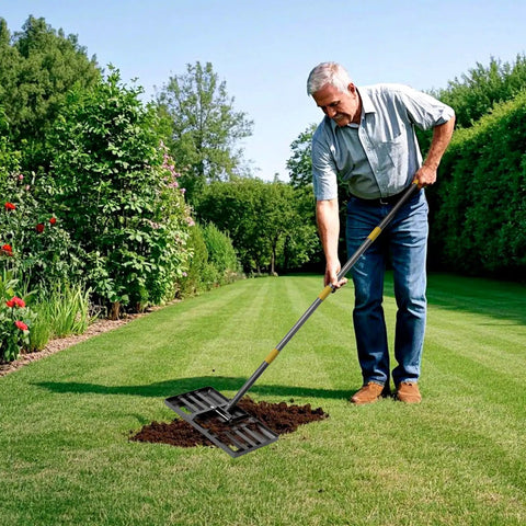 Man using Lawn Leveling Rake With 72 Inch Adjustable Long Handle For Smoothing Soil And Lawn on grass.
