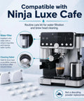 2 Water Filters And 16 Cleaning Tablets For Ninja Luxe Cafe Espresso Machine Replacement Kit easy maintenance solution shown with espresso maker.