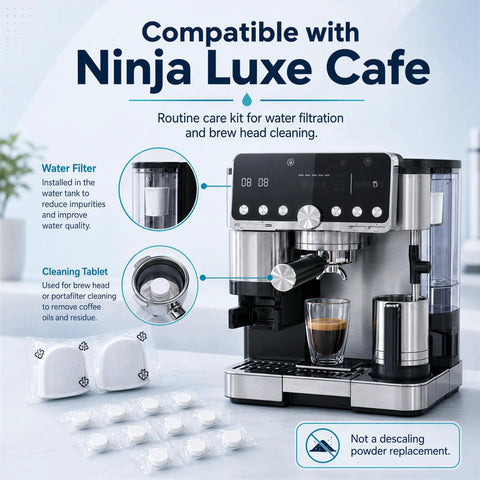 2 Water Filters And 16 Cleaning Tablets For Ninja Luxe Cafe Espresso Machine Replacement Kit easy maintenance solution shown with espresso maker.