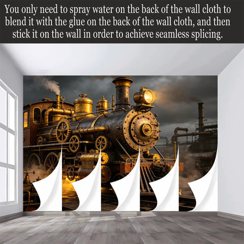 Custom Size Wall Murals Vintage Steam Locomotive Industrial Oil Painting Retro Train Engine Factory Scene Self Adhesive