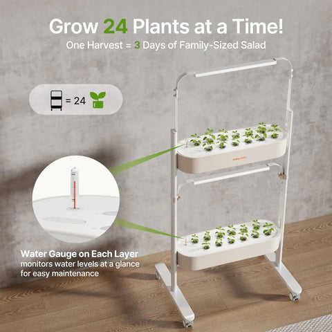 Image of 2 Tier Indoor Hydroponics Growing System Kit With 24 Pods And Full Spectrum Grow Lights in use, showing two tiers and water gauge.