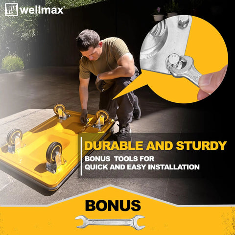 Man assembling Foldable Push Cart Dolly With 360 Degree Swivel Wheels showing wrench and yellow platform