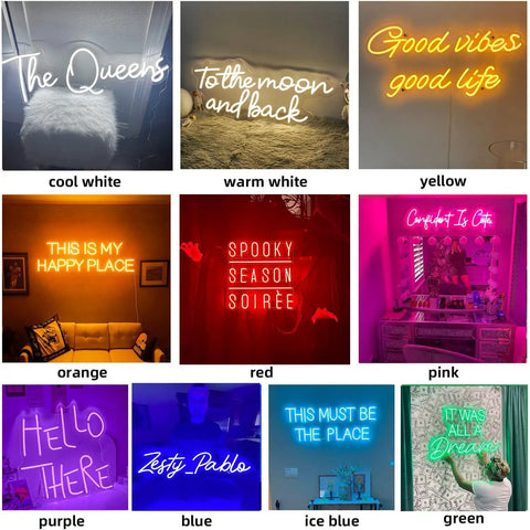 Custom Neon Sign Lit Up Name Sign LED Light For Wall Decor Bedroom Wedding Party Bar Shop With Adjustable Brightness And Five Flash Modes DC12V 60W Adapter US Plug 13ft Power Cord, showcasing various colors including cool white, warm white, yellow, orange, red, pink, purple, blue, ice blue, and green.