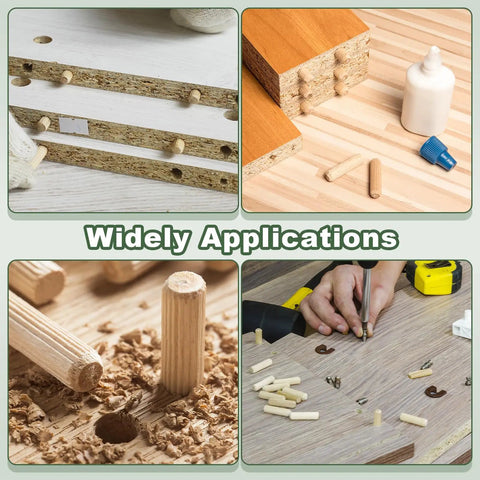 Image showing Elite 90 Pc Wooden Dowel Pins 8X30Mm Fluted With Beveled Ends in various woodworking applications.