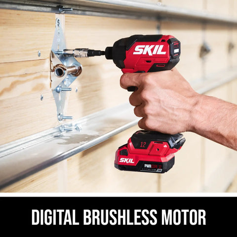 Grit And Grind 12V Brushless Drill Driver And Impact Driver Combo Kit in use on a garage wall with digital brushless motor.