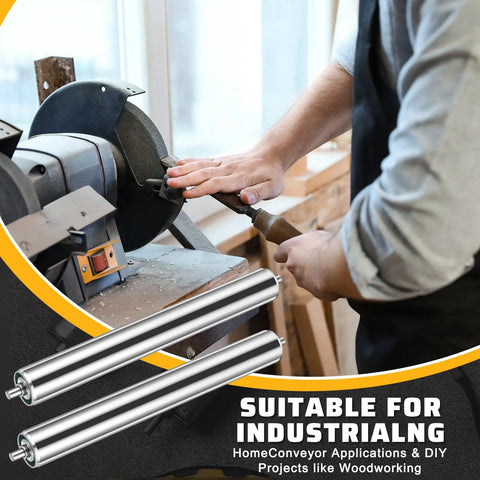 10 Pcs Galvanized Steel Conveyor Rollers Set, 16 Inch Length, 2 Inch Diameter; man using lathe for woodworking in background