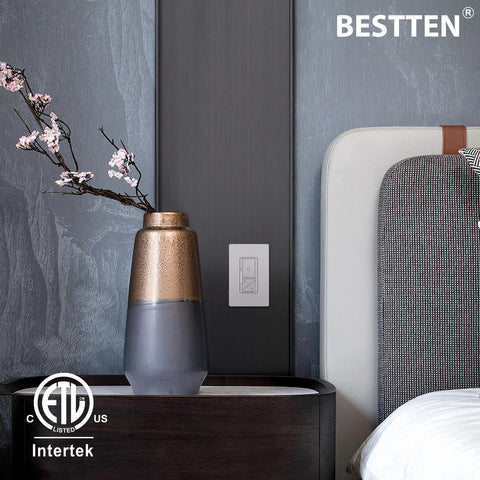 Bedroom scene with Five Pack Ultra Slim Digital Dimmer Switch Kit With Screwless Wall Plate For Single Pole Or 3 Way Use Easy Install Air Gap Power Cutoff Three Button Control ETL Listed White near bed and vase.