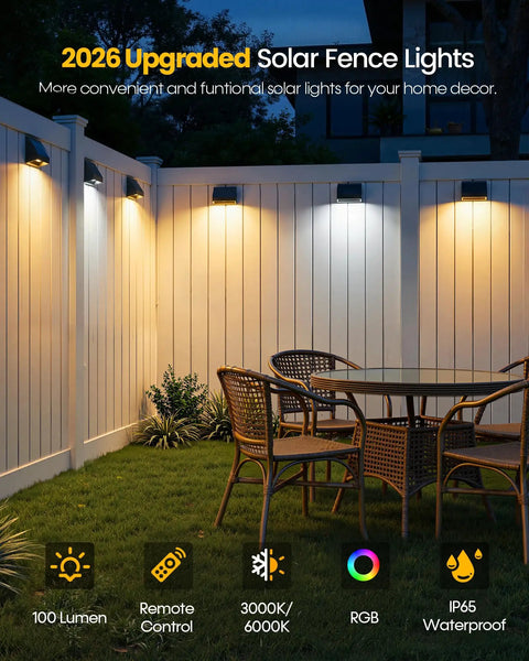 4 Pack Solar Fence Lights With Remote Control, Ultra Bright 100 Lumen illuminating backyard patio with fence
