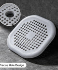 ACDANC 2 Pack Drain Cover Hair Catcher Pad, Silicone Tube Trap showing a gray silicone pad with precise holes for hair filtration.