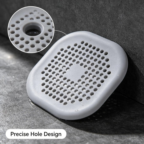 ACDANC 2 Pack Drain Cover Hair Catcher Pad, Silicone Tube Trap showing a gray silicone pad with precise holes for hair filtration.