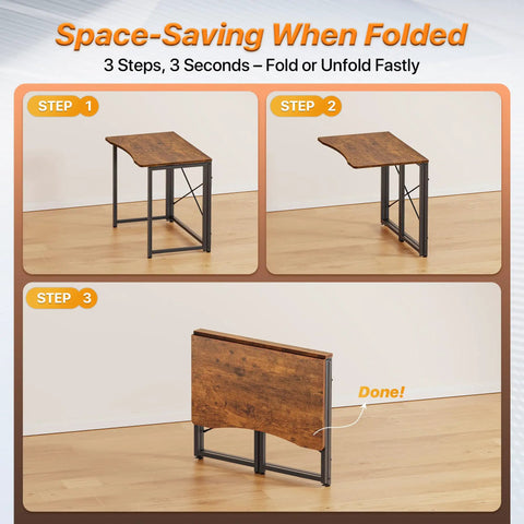 Compact Foldable Computer Desk For Small Spaces 31.5 Inch Rustic Brown Writing Table folding demonstration in three steps.