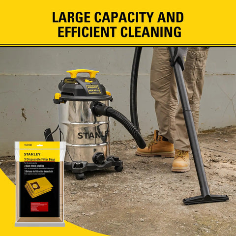 Person using wet/dry vacuum with Three Pack Filter Bags For Five To Eight Gallon Wet And Dry Vacuums, Heavy Duty Replacement.