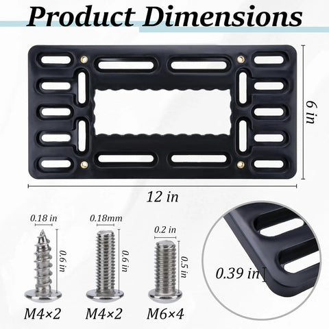 Dimensions of No Drill Front License Plate Bracket Mount For Bumpers And Grilles with screws and close-up detail