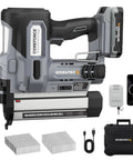 A Total Game Changer 20V Cordless Brad Nailer And Staple Gun Kit showcasing tool, battery, and accessories in details.